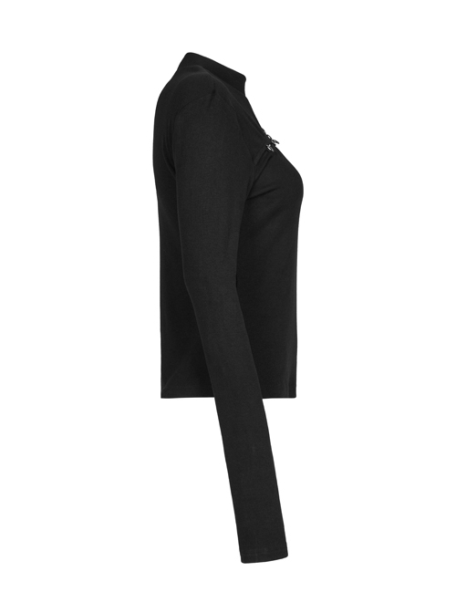 Black Stand Collar Knitting Hollow Round Button Decoration Skinny Long Sleeve T-Shirt