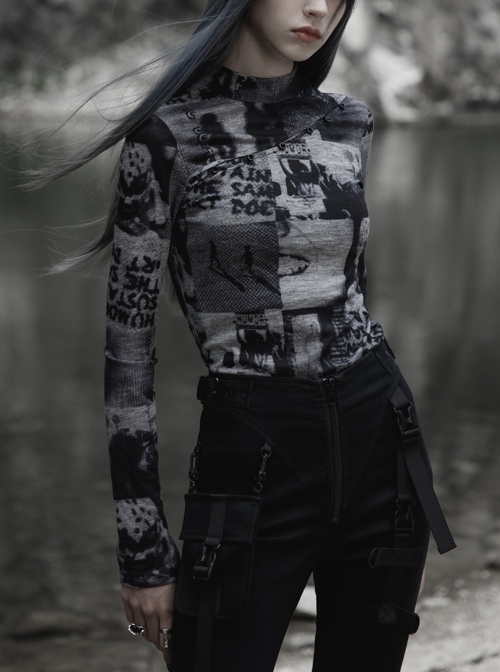 Black And Grey Printed Knitted Fabric Stand Round Button Decoration Skinny Long Sleeve T-Shirt