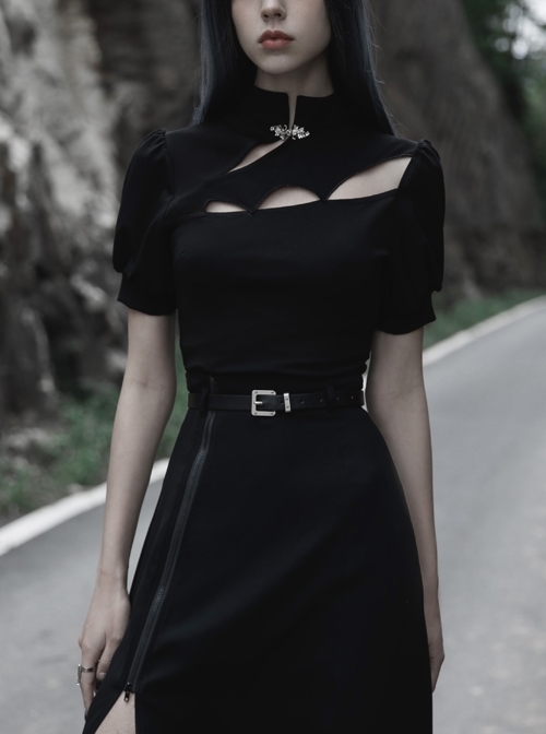 Bat Hollow Out Chinese Style Stand Collar Metal Pattern Buckle Decoration Short-Sleeve T-Shirt