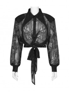 Gothic Fine-Grained Lace Embroidery Print Shirt With Shoulder Pads