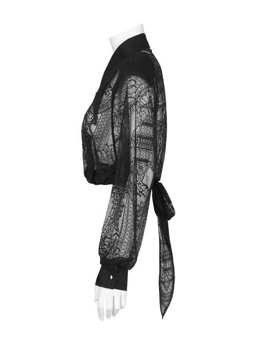 Gothic Fine-Grained Lace Embroidery Print Shirt With Shoulder Pads