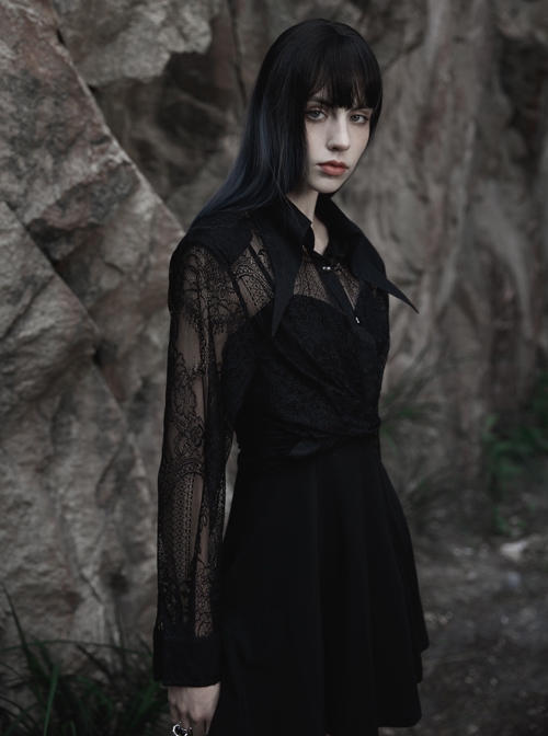 Gothic Fine-Grained Lace Embroidery Print Shirt With Shoulder Pads