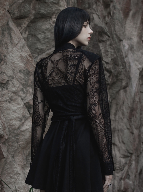 Gothic Fine-Grained Lace Embroidery Print Shirt With Shoulder Pads