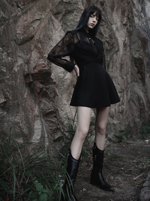Gothic Fine-Grained Lace Embroidery Print Shirt With Shoulder Pads
