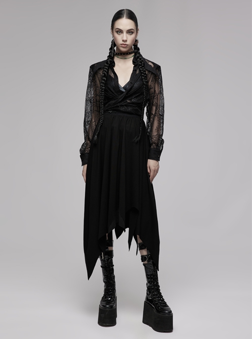 Gothic Fine-Grained Lace Embroidery Print Shirt With Shoulder Pads