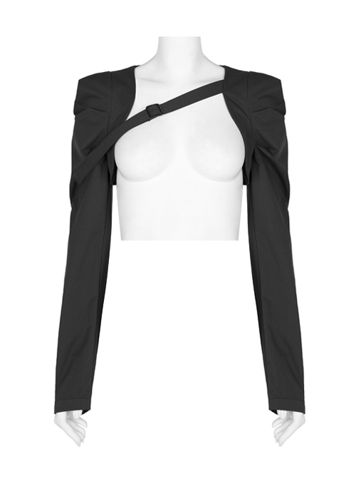 Punk Dark Twill Woven Fabric Puff Sleeve Crossbody Strap Decoration Short Jacket