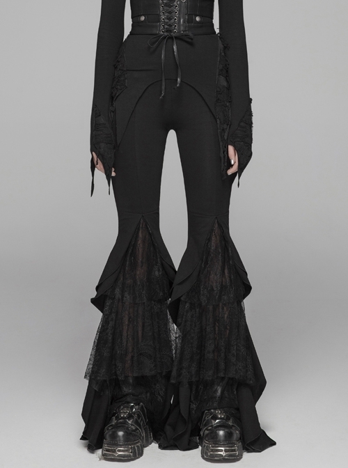 Gothic Stretch Knitted Fabric Lace Pleated Design Embroidered Print Decoration Big Pendulum Trousers
