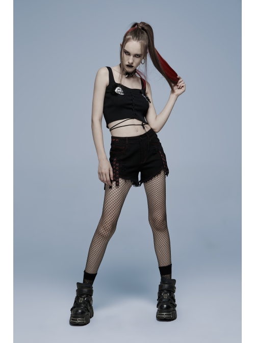 Gothic Contrast Color Ragged Trim Irregular Knit Buttonhole Webbing Graffiti Pattern Jeans