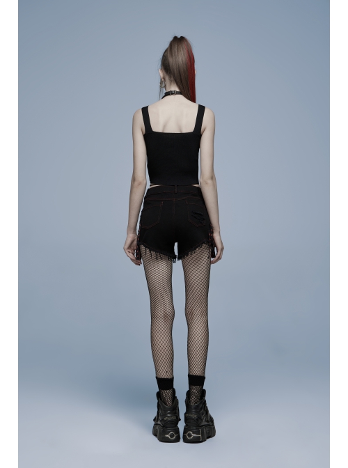 Gothic Contrast Color Ragged Trim Irregular Knit Buttonhole Webbing Graffiti Pattern Jeans