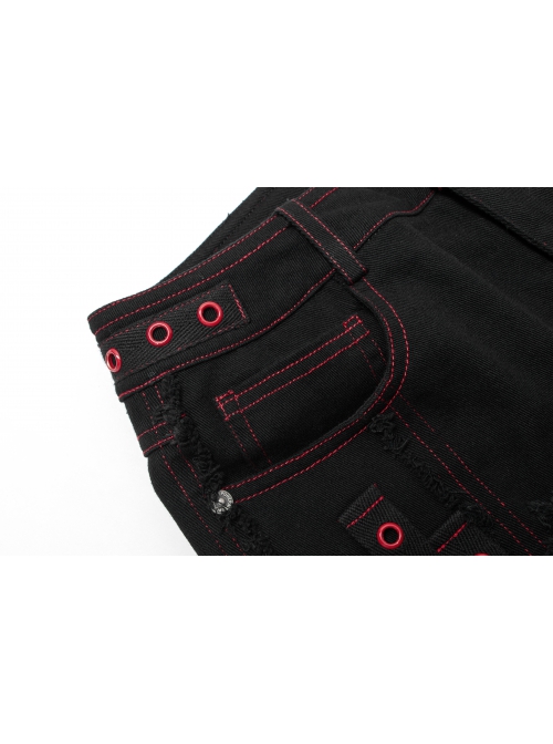 Gothic Contrast Color Ragged Trim Irregular Knit Buttonhole Webbing Graffiti Pattern Jeans