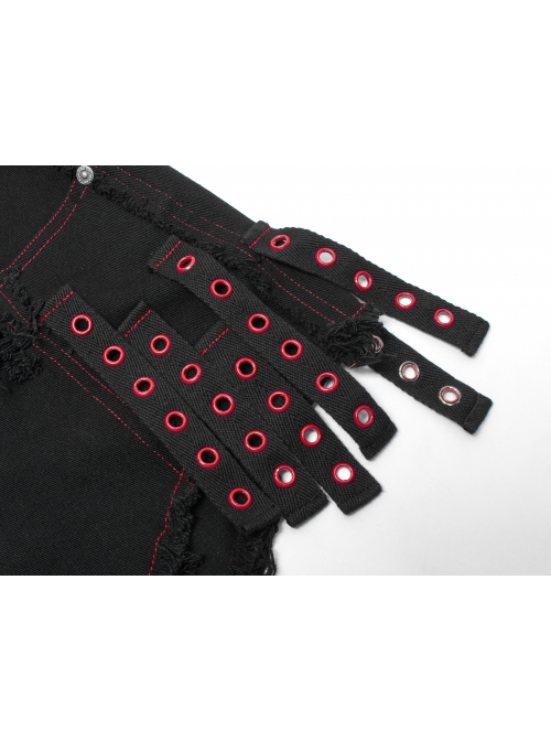 Gothic Contrast Color Ragged Trim Irregular Knit Buttonhole Webbing Graffiti Pattern Jeans