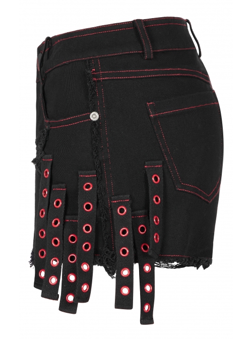 Gothic Contrast Color Ragged Trim Irregular Knit Buttonhole Webbing Graffiti Pattern Jeans