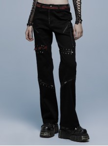 Stylish Elasticity Punk Black And Red Metal Buttonhole Zipper Trim Straight Pants