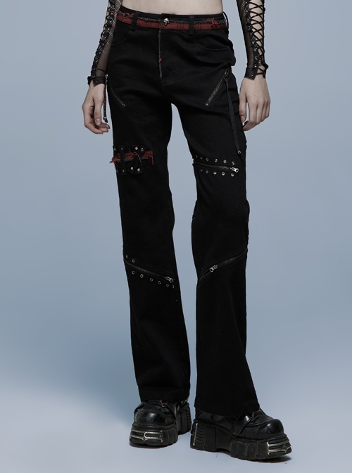Stylish Elasticity Punk Black And Red Metal Buttonhole Zipper Trim Straight Pants