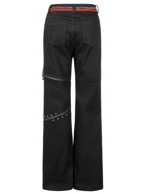 Stylish Elasticity Punk Black And Red Metal Buttonhole Zipper Trim Straight Pants