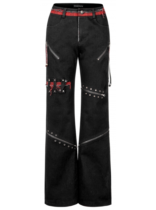 Stylish Elasticity Punk Black And Red Metal Buttonhole Zipper Trim Straight Pants