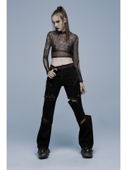 Stylish Elasticity Punk Black And Red Metal Buttonhole Zipper Trim Straight Pants