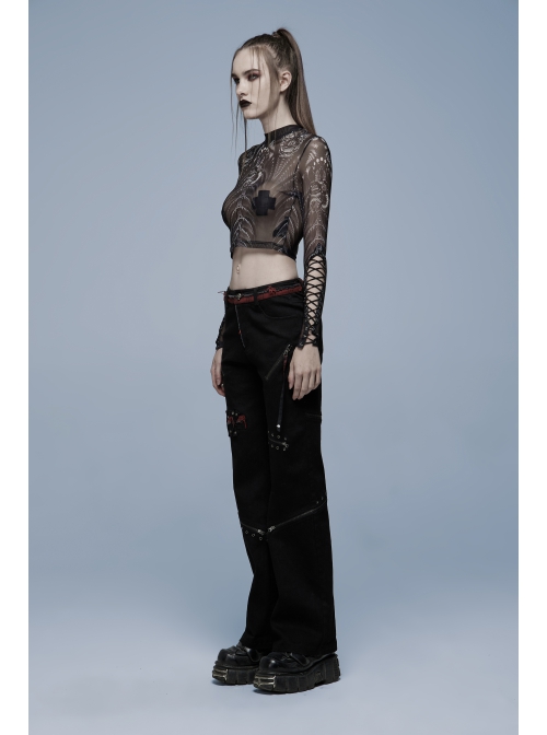 Stylish Elasticity Punk Black And Red Metal Buttonhole Zipper Trim Straight Pants