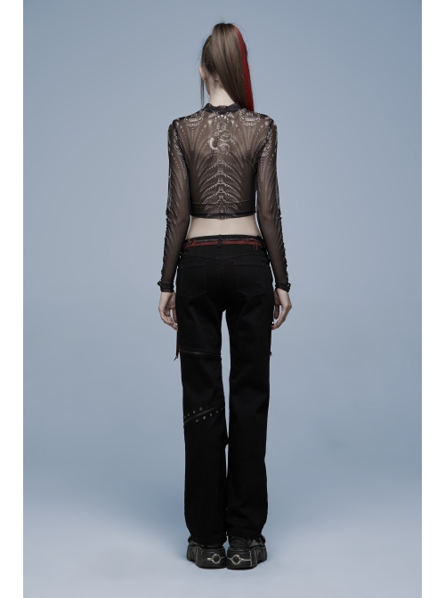 Stylish Elasticity Punk Black And Red Metal Buttonhole Zipper Trim Straight Pants