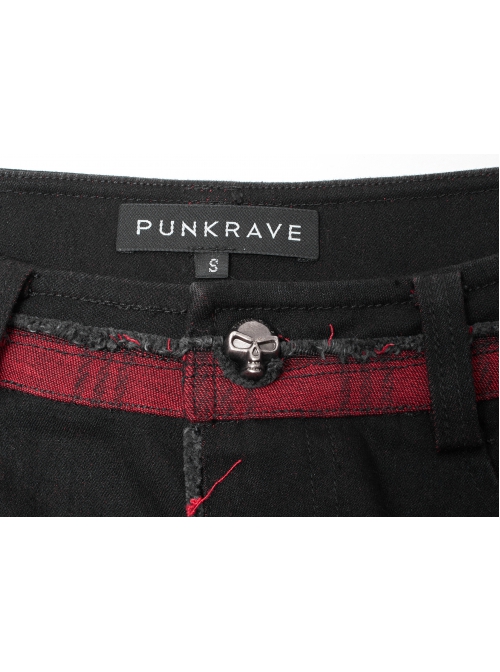 Stylish Elasticity Punk Black And Red Metal Buttonhole Zipper Trim Straight Pants