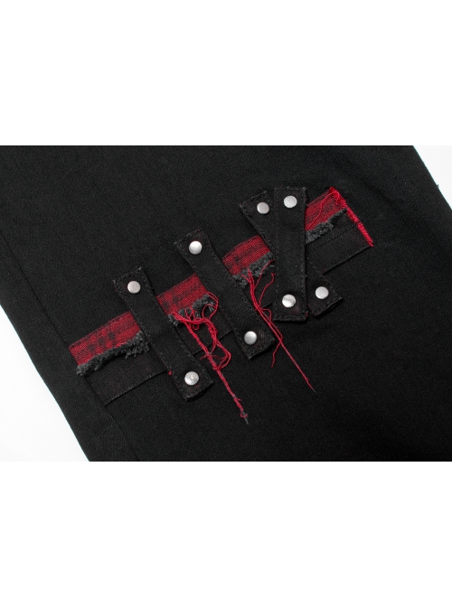Stylish Elasticity Punk Black And Red Metal Buttonhole Zipper Trim Straight Pants