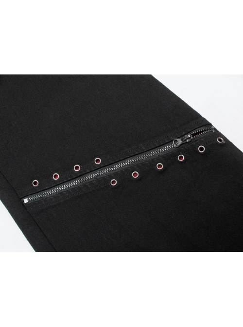 Stylish Elasticity Punk Black And Red Metal Buttonhole Zipper Trim Straight Pants