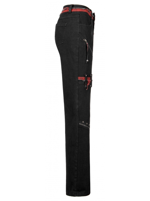 Stylish Elasticity Punk Black And Red Metal Buttonhole Zipper Trim Straight Pants