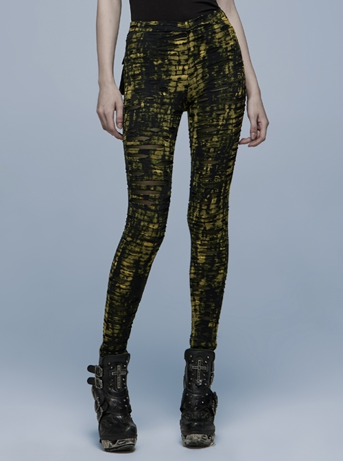 Daily Gothic Black And Yellow Ripped Textured Fabric Leather Pocket Trim Leggings