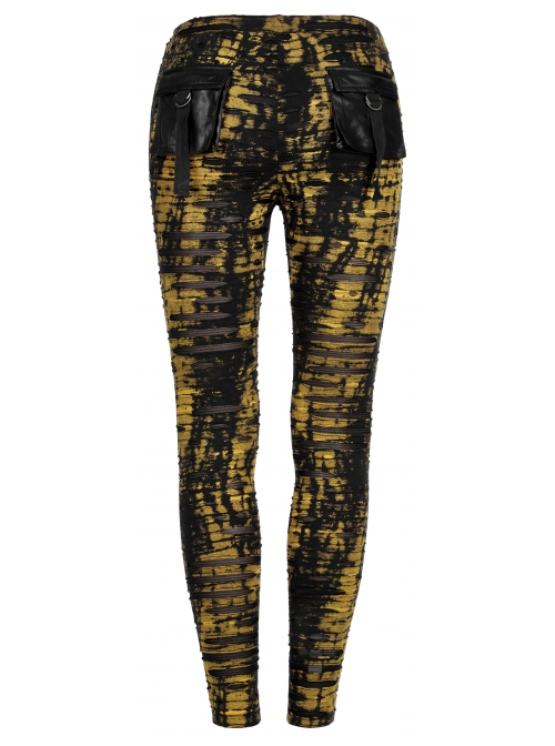 Daily Gothic Black And Yellow Ripped Textured Fabric Leather Pocket Trim Leggings