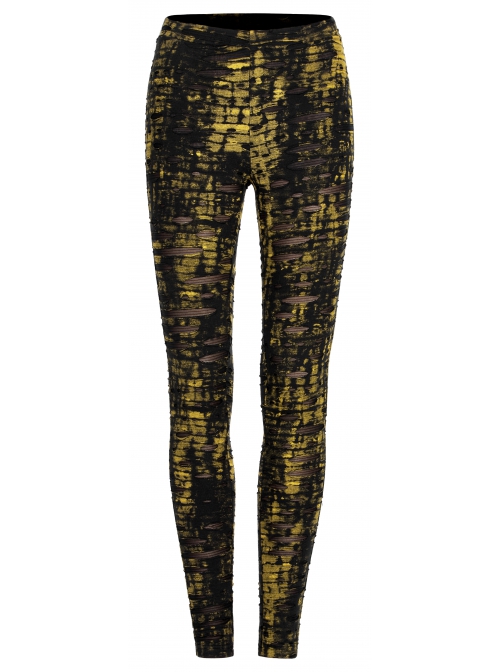 Daily Gothic Black And Yellow Ripped Textured Fabric Leather Pocket Trim Leggings