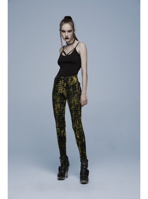 Daily Gothic Black And Yellow Ripped Textured Fabric Leather Pocket Trim Leggings