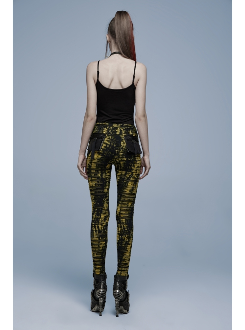 Daily Gothic Black And Yellow Ripped Textured Fabric Leather Pocket Trim Leggings