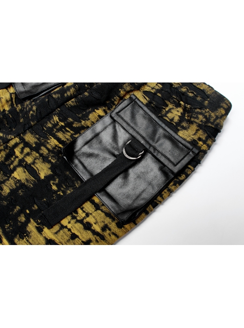 Daily Gothic Black And Yellow Ripped Textured Fabric Leather Pocket Trim Leggings