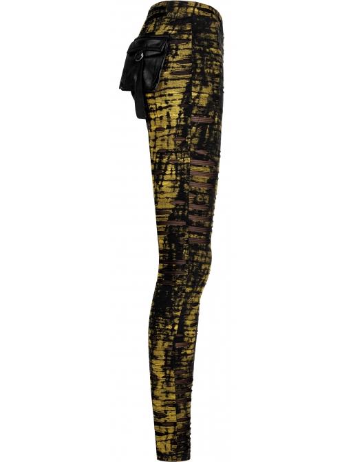 Daily Gothic Black And Yellow Ripped Textured Fabric Leather Pocket Trim Leggings