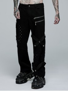 Male Punk Daily Non-Stretch Denim Wear Metal Zipper Decoration Holes Trousers