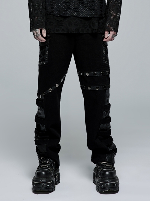 Punk No Elasticity Denim Stylish Metal Decorative Buckle Male Straight Trousers