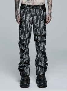 Punk Black And White Printed Non-Stretch Denim Stylish Male Straight  Trousers