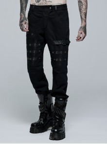 Punk Simple Stretch Dark Fabric Woven Paneled Faux Leather Trim Metal Buttonhole Decoration Male Trousers