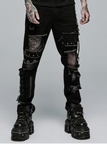 Punk Non-Stretch Denim Paneled Mesh Decadent Hole Metal Ring Buckle Cross Rope Decoration Male Trousers