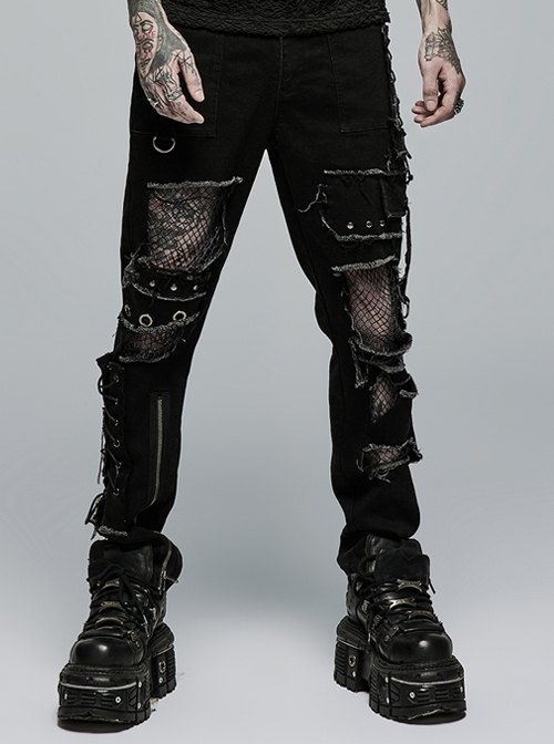 Punk Non-Stretch Denim Paneled Mesh Decadent Hole Metal Ring Buckle Cross Rope Decoration Male Trousers