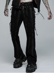 Male Punk Daily Dark Vertical Stripe Print Decoration Detachable Waist Belt With Cord Design Flare Trousers