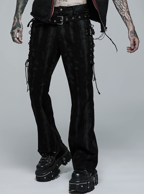 Male Punk Daily Dark Vertical Stripe Print Decoration Detachable Waist Belt With Cord Design Flare Trousers