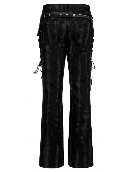 Male Punk Daily Dark Vertical Stripe Print Decoration Detachable Waist Belt With Cord Design Flare Trousers
