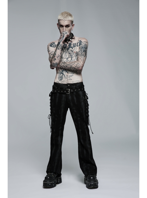 Male Punk Daily Dark Vertical Stripe Print Decoration Detachable Waist Belt With Cord Design Flare Trousers