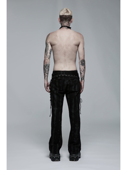 Male Punk Daily Dark Vertical Stripe Print Decoration Detachable Waist Belt With Cord Design Flare Trousers