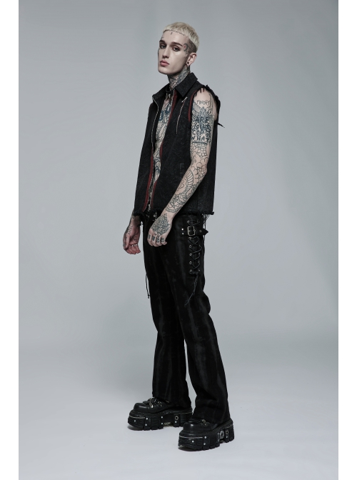 Male Punk Daily Dark Vertical Stripe Print Decoration Detachable Waist Belt With Cord Design Flare Trousers