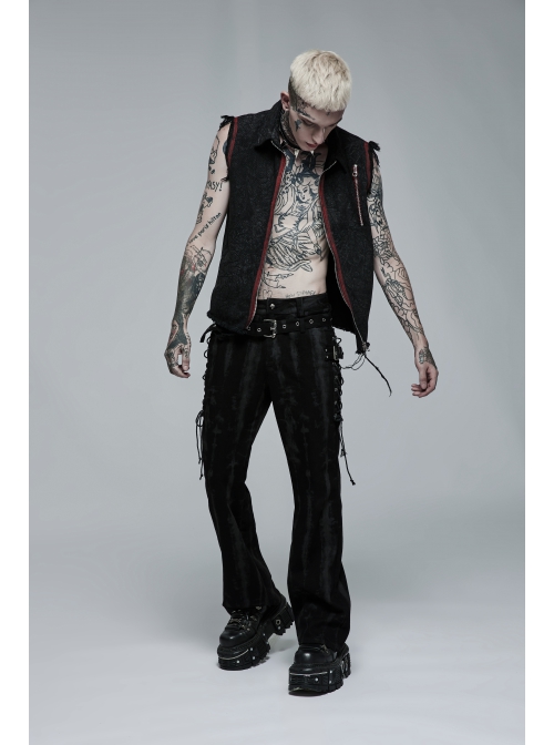 Male Punk Daily Dark Vertical Stripe Print Decoration Detachable Waist Belt With Cord Design Flare Trousers