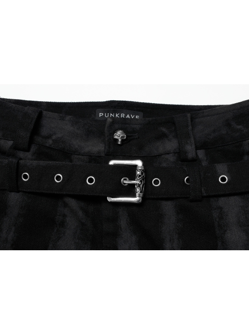 Male Punk Daily Dark Vertical Stripe Print Decoration Detachable Waist Belt With Cord Design Flare Trousers