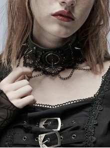 Lolita Leather Rebel Metal Rivet Trim Chain Lace Collar