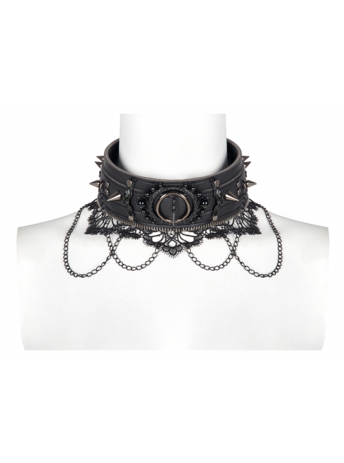 Lolita Leather Rebel Metal Rivet Trim Chain Lace Collar